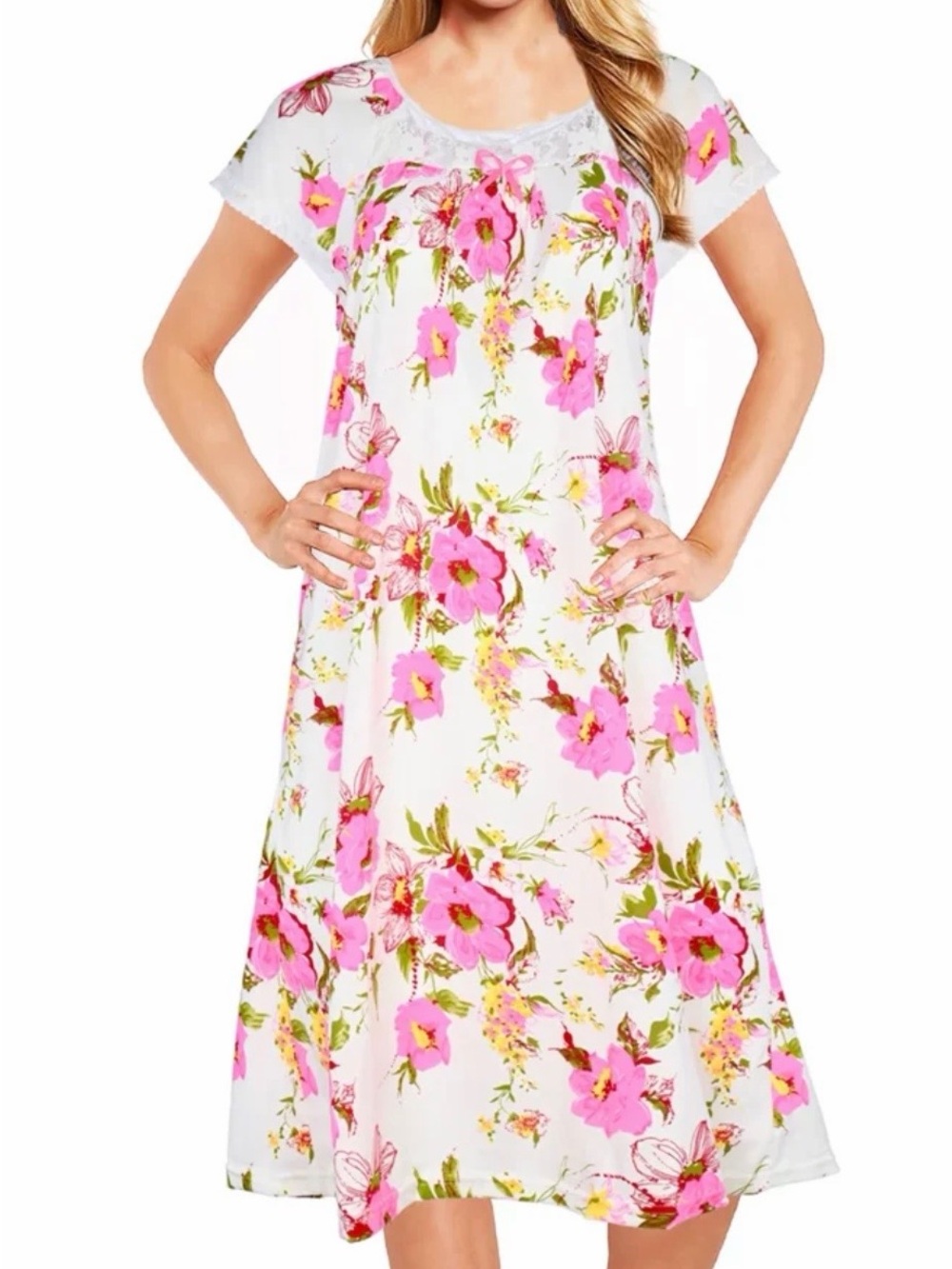 White Floral Short-Sleeve Nightgown with Pink Blossoms